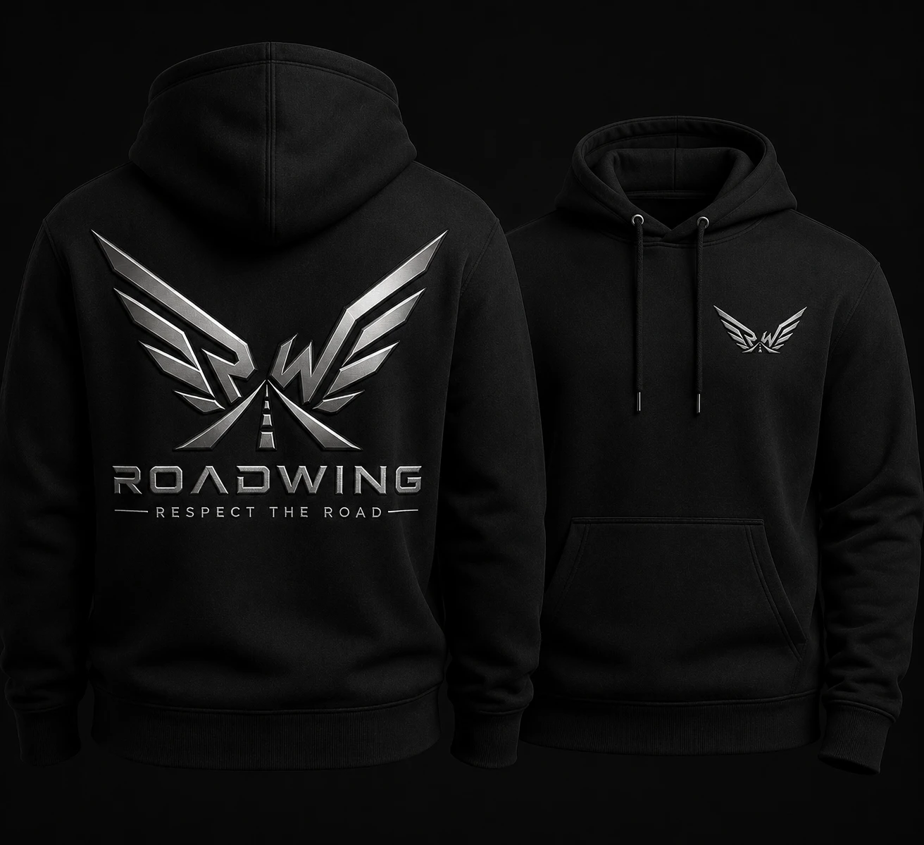 RoadWing black signature hoodie shown from the front and back